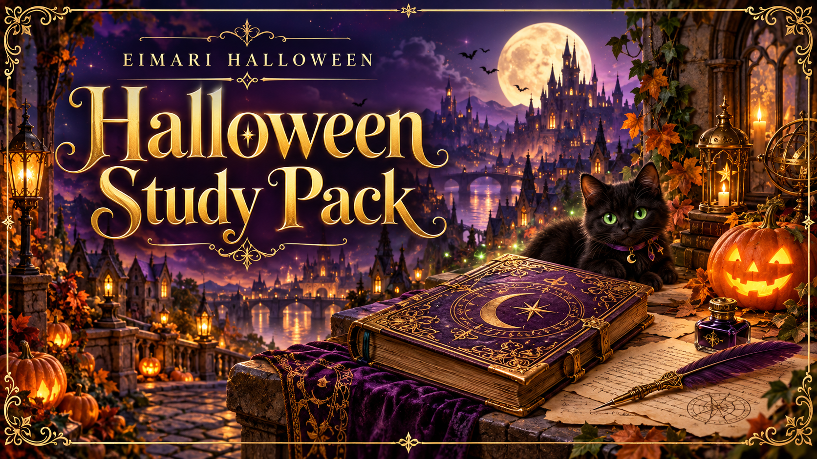 Halloween Study Pack — 紫と金の魔法の本、黒猫とかぼちゃの特典教材イメージ